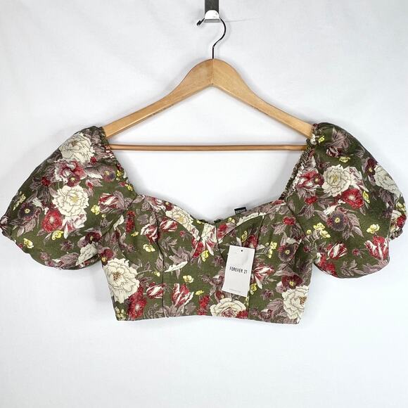 NWT Forever 21 Green Floral Tapestry Bustier Crop Top XS - Picture 1 of 8